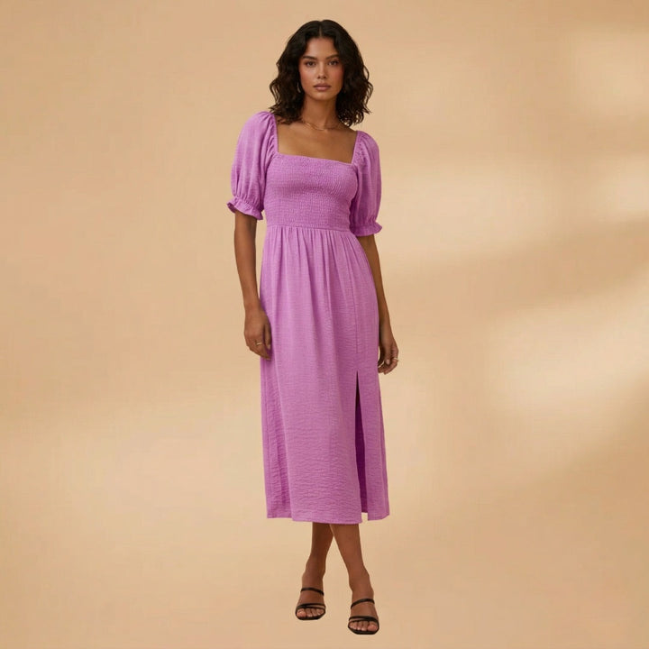 Adriana | Vestido Midi Corpete Pregueado Mulher Mangas Bufantes