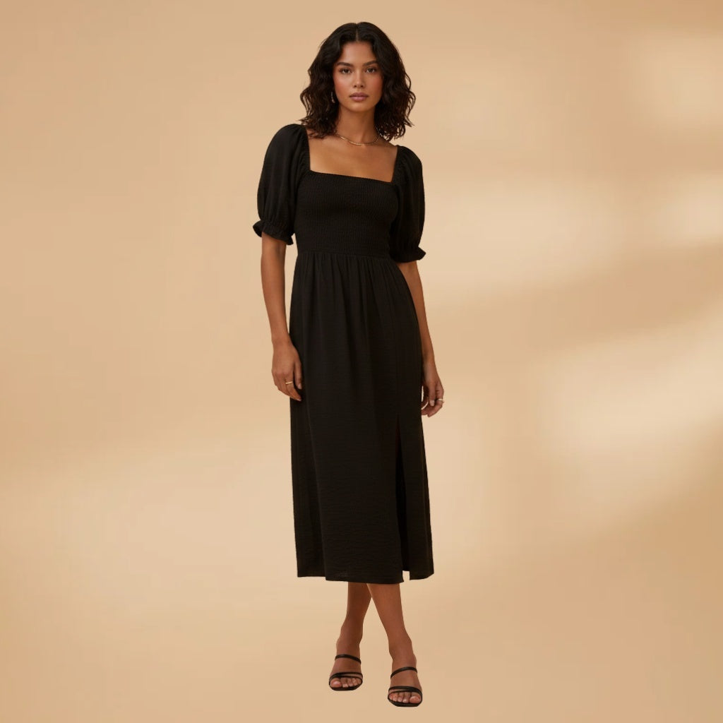 Adriana | Vestido Midi Corpete Pregueado Mulher Mangas Bufantes