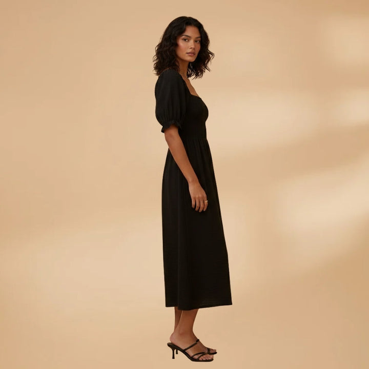 Adriana | Vestido Midi Corpete Pregueado Mulher Mangas Bufantes
