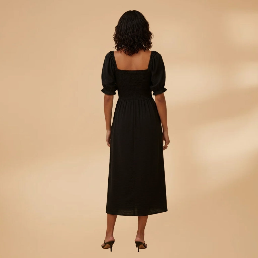 Adriana | Vestido Midi Corpete Pregueado Mulher Mangas Bufantes