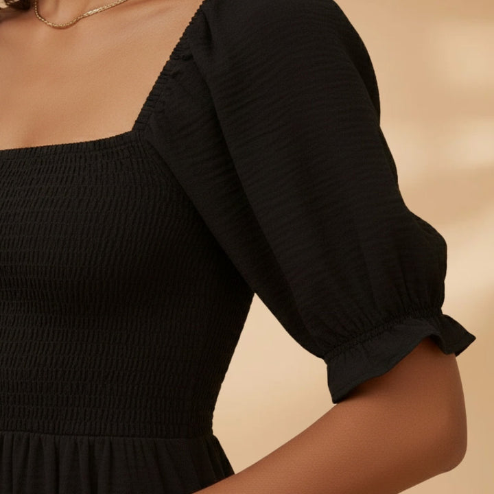 Adriana | Vestido Midi Corpete Pregueado Mulher Mangas Bufantes