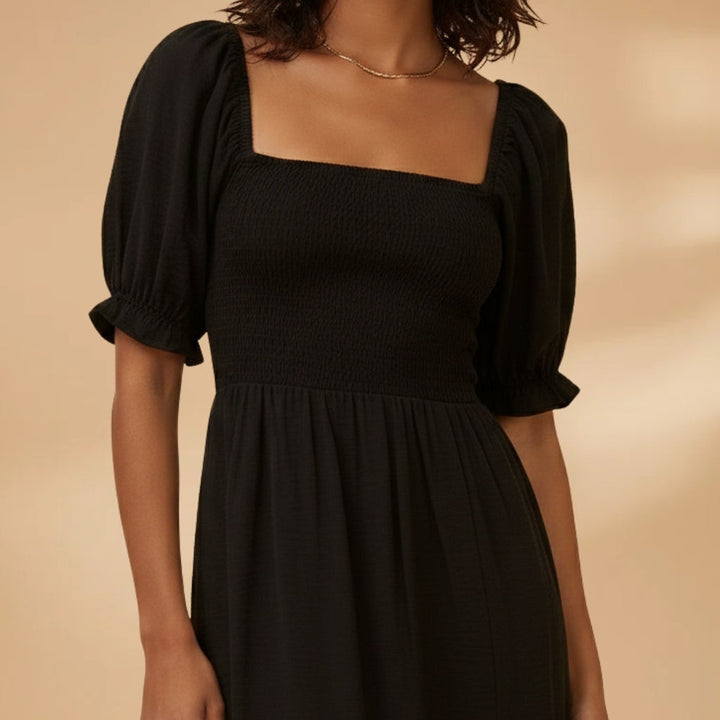 Adriana | Vestido Midi Corpete Pregueado Mulher Mangas Bufantes