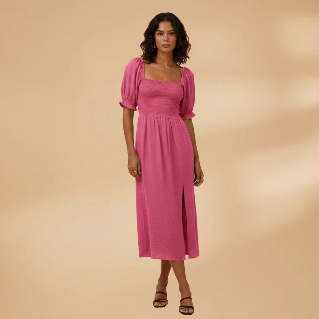 Adriana | Vestido Midi Corpete Pregueado Mulher Mangas Bufantes
