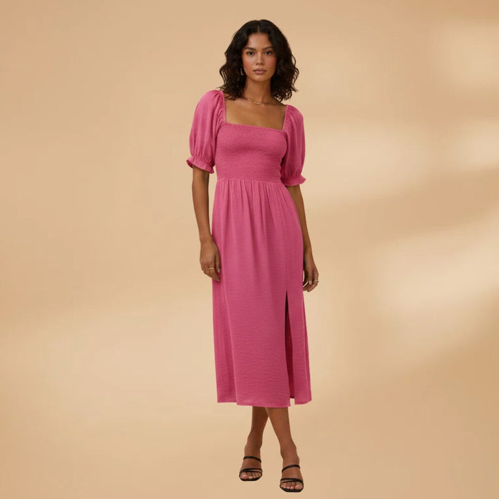 Adriana | Vestido Midi Corpete Pregueado Mulher Mangas Bufantes