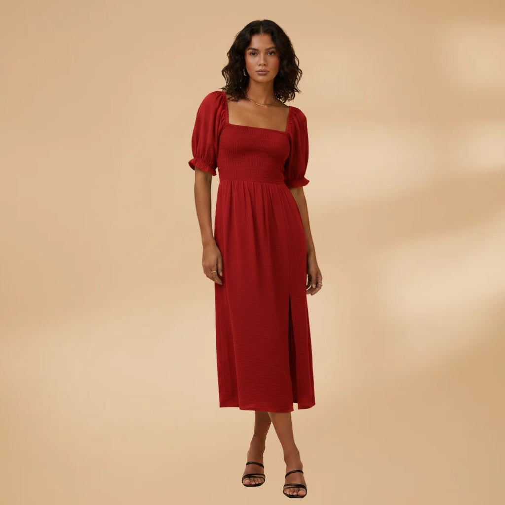 Adriana | Vestido Midi Corpete Pregueado Mulher Mangas Bufantes