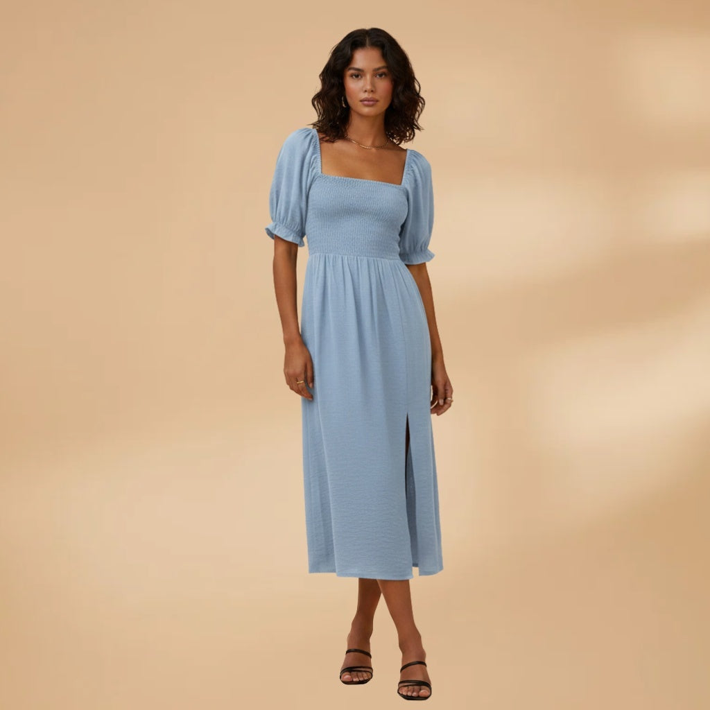 Adriana | Vestido Midi Corpete Pregueado Mulher Mangas Bufantes