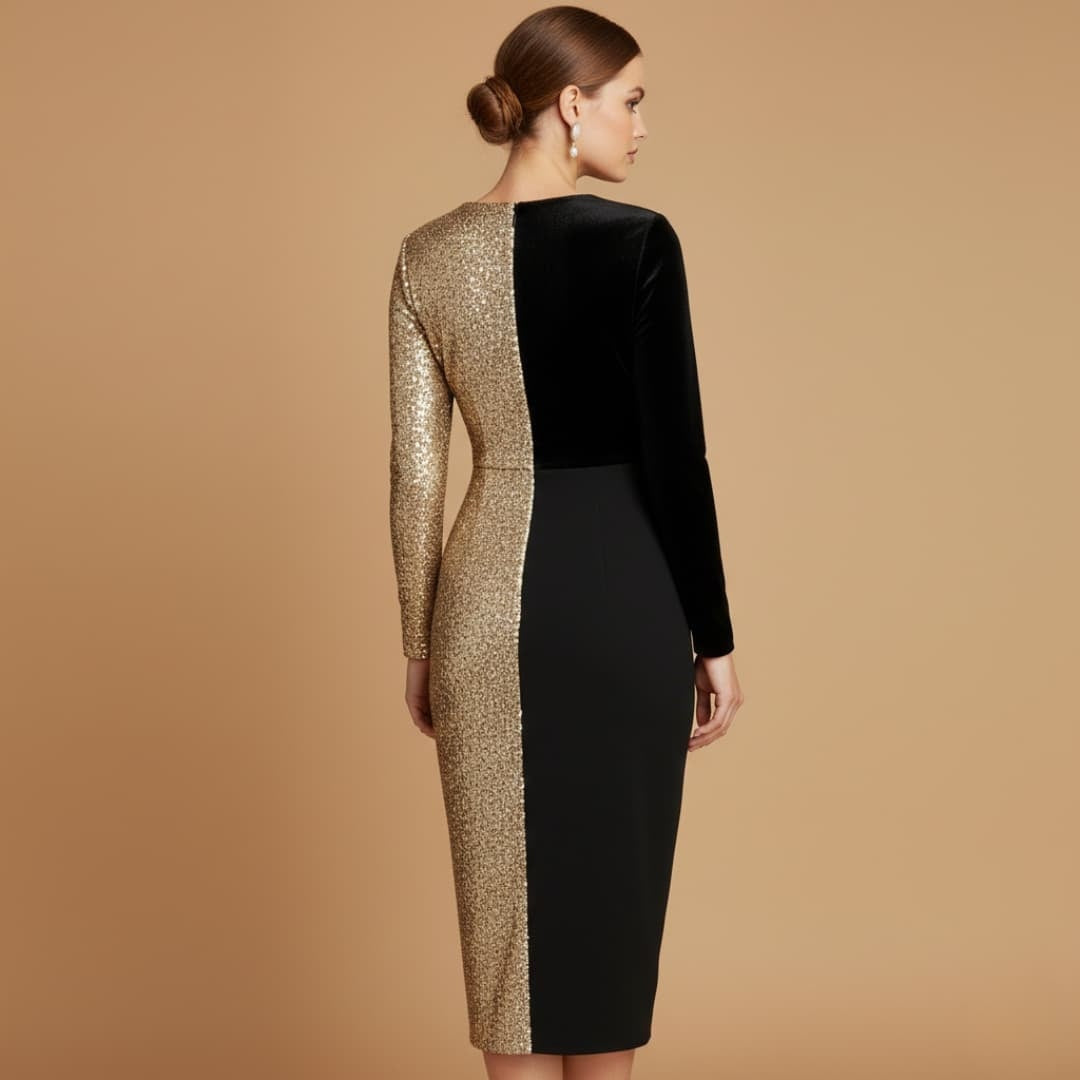 Cláudia | Vestido Midi de Festa Mulher Manga Comprida Lantejoulas