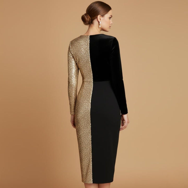 Cláudia | Vestido Midi de Festa Mulher Manga Comprida Lantejoulas