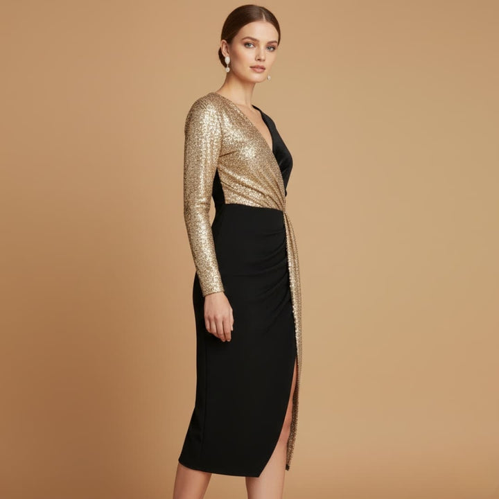 Cláudia | Vestido Midi de Festa Mulher Manga Comprida Lantejoulas