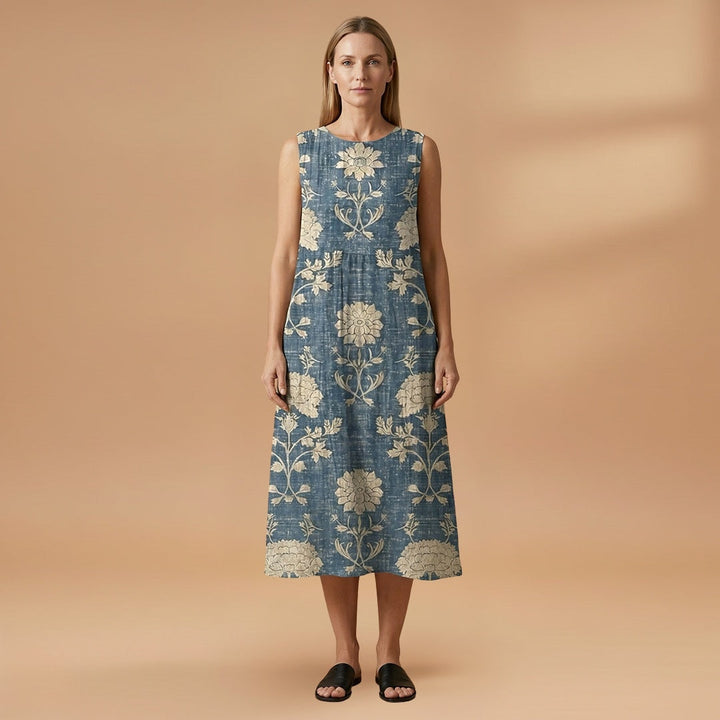 Maria | Vestido Midi de Linho Estampado Mulher Alças