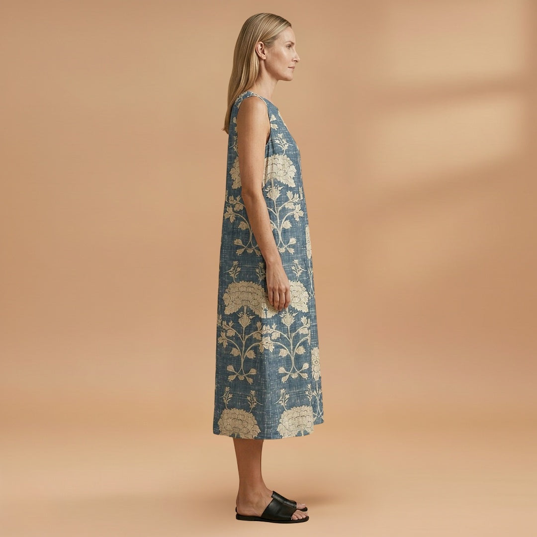 Maria | Vestido Midi de Linho Estampado Mulher Alças