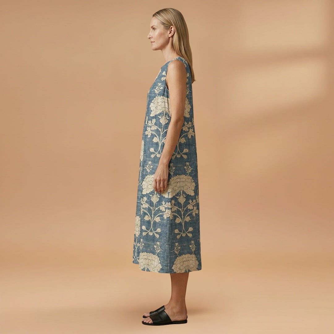 Maria | Vestido Midi de Linho Estampado Mulher Alças