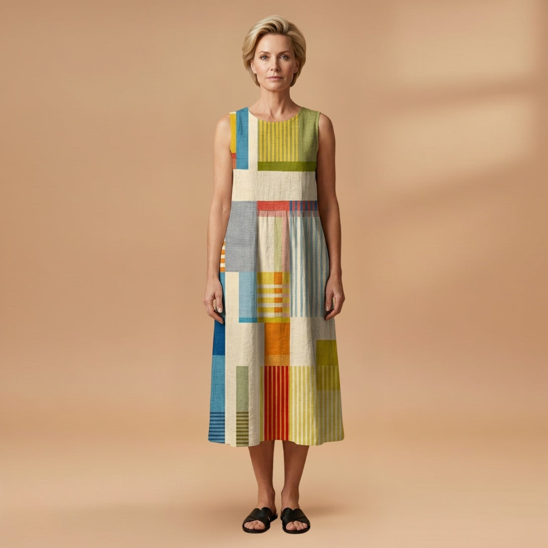 Aurora | Vestido Midi de Linho Estampado Mulher Sem Mangas