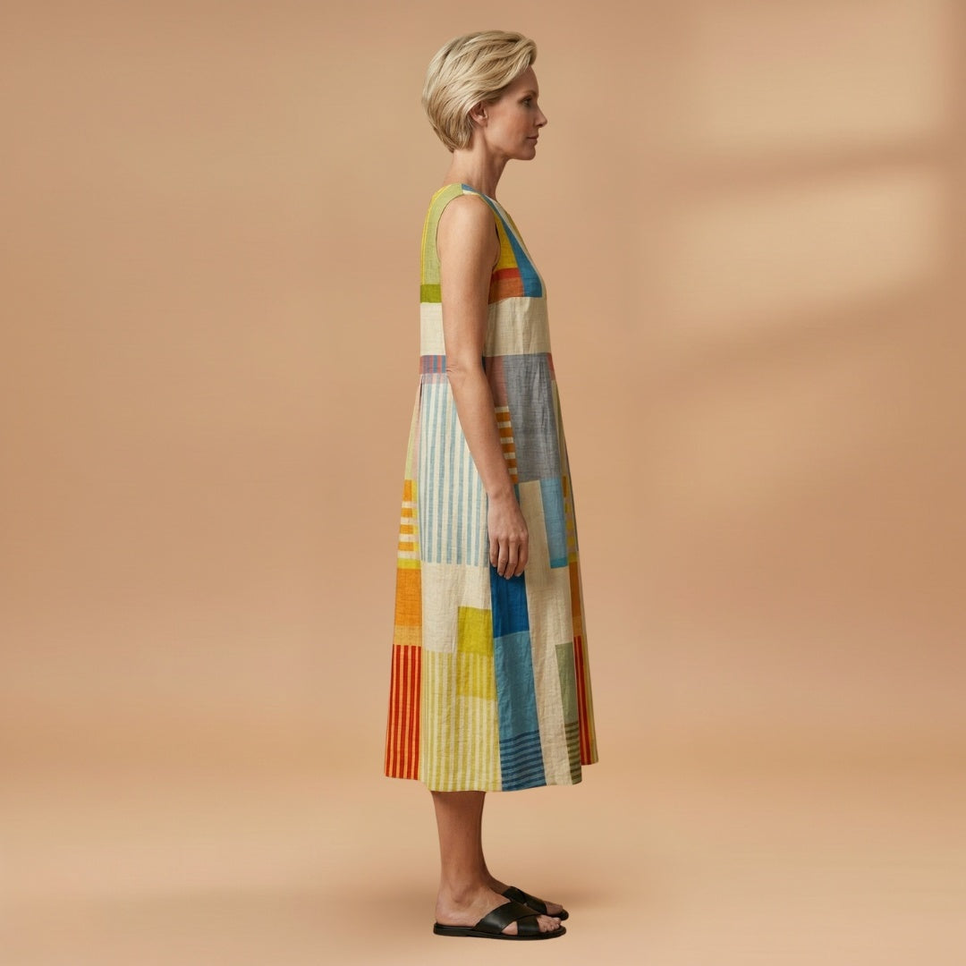 Aurora | Vestido Midi de Linho Estampado Mulher Sem Mangas