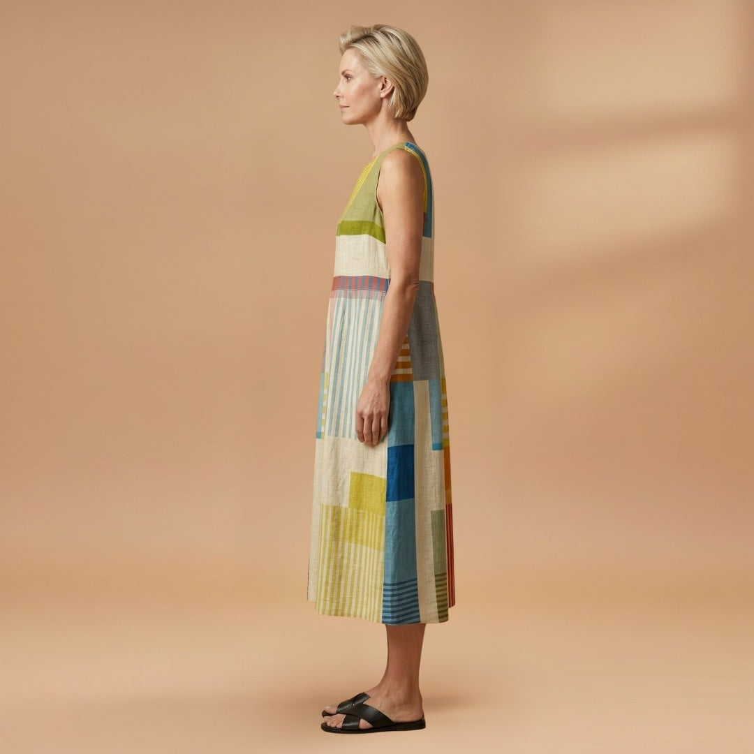 Aurora | Vestido Midi de Linho Estampado Mulher Sem Mangas