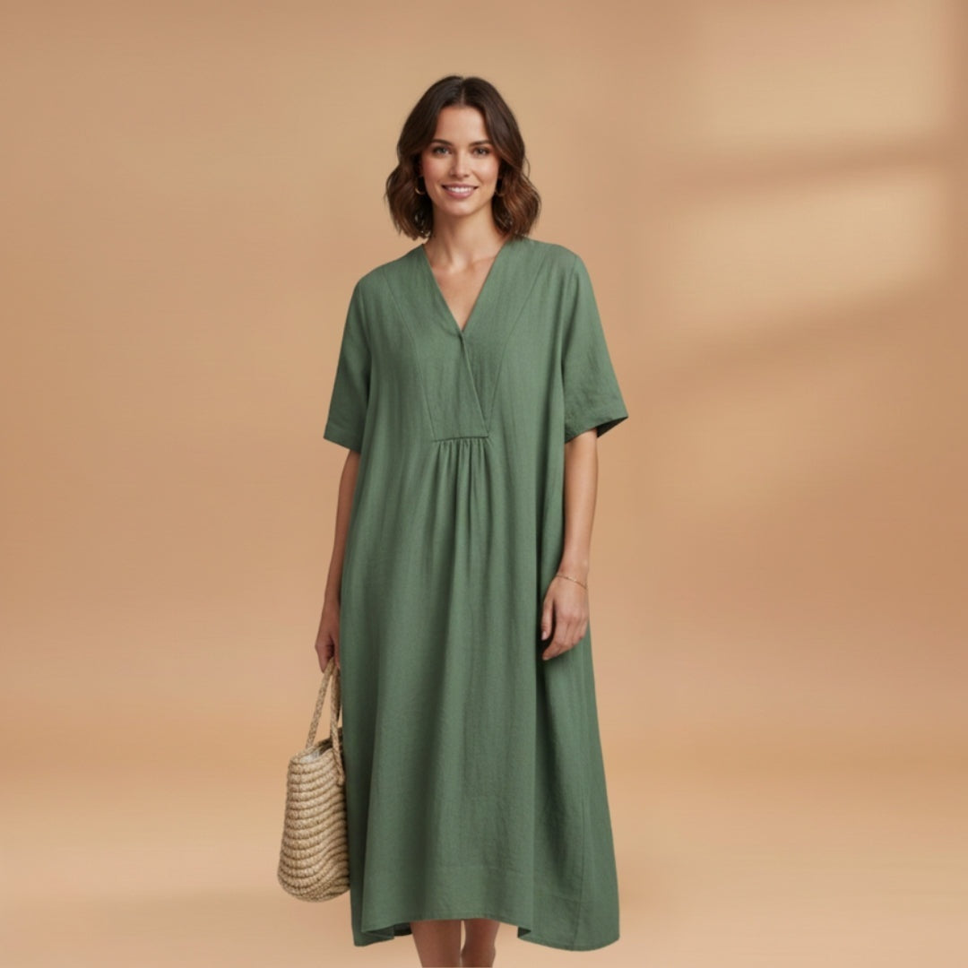 Paula | Vestido Midi de Linho Mulher Decote V