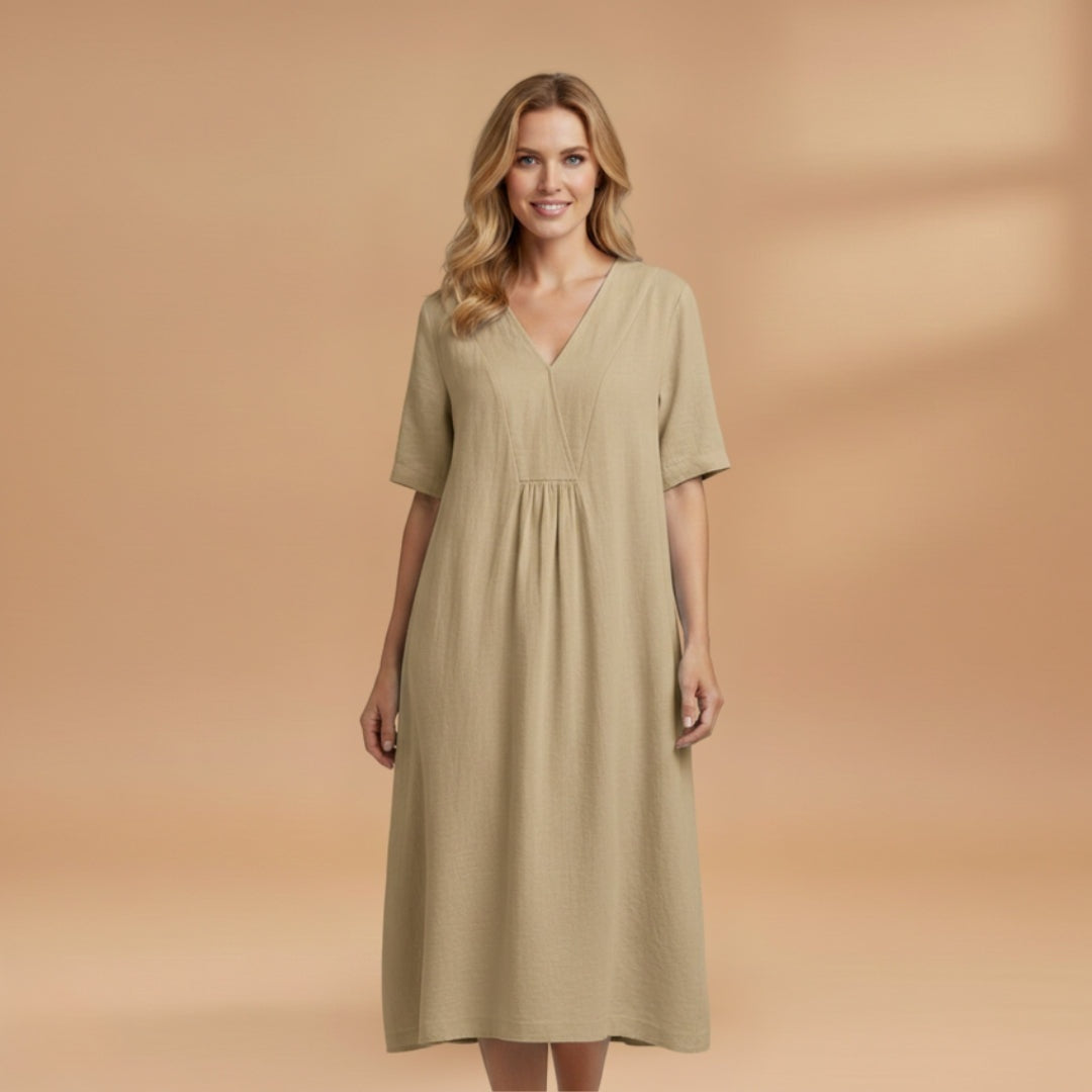 Paula | Vestido Midi de Linho Mulher Decote V