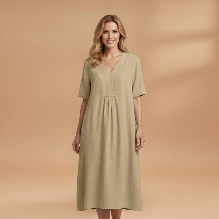 Paula | Vestido Midi de Linho Mulher Decote V