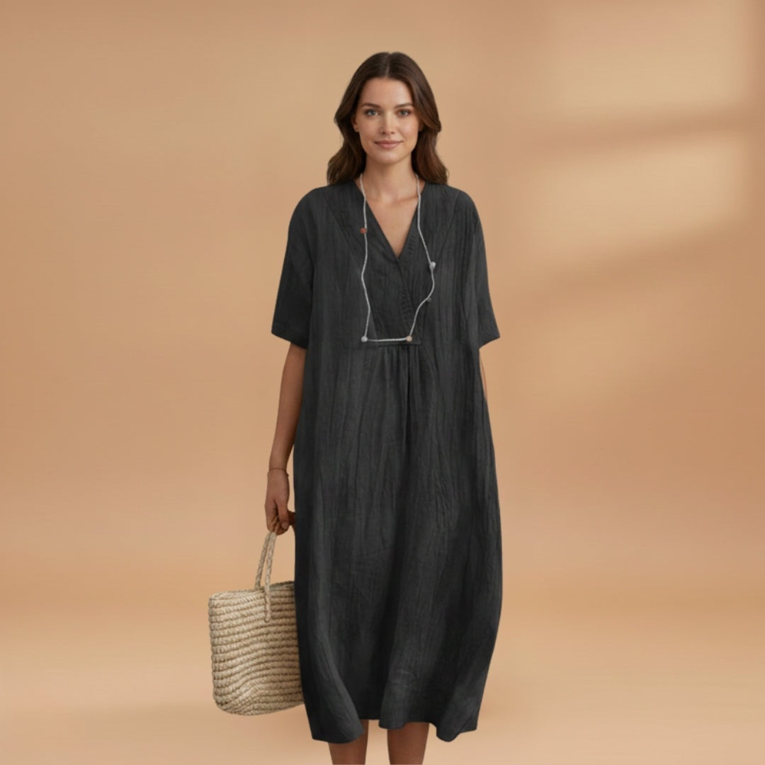 Paula | Vestido Midi de Linho Mulher Decote V