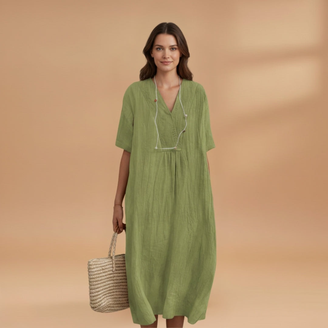 Paula | Vestido Midi de Linho Mulher Decote V