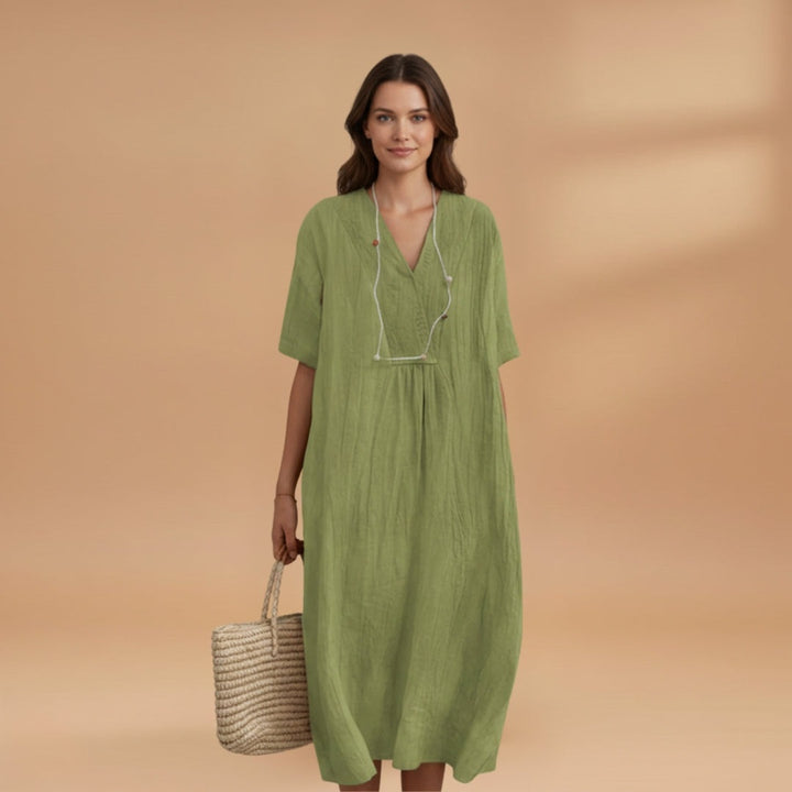 Paula | Vestido Midi de Linho Mulher Decote V
