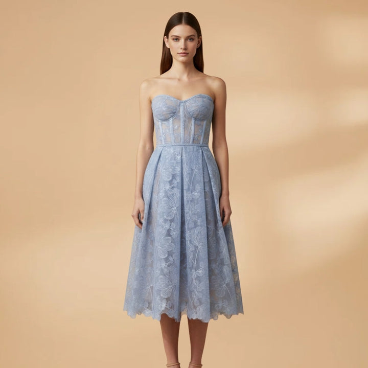 Rosa | Vestido Midi de Renda Mulher Corpete