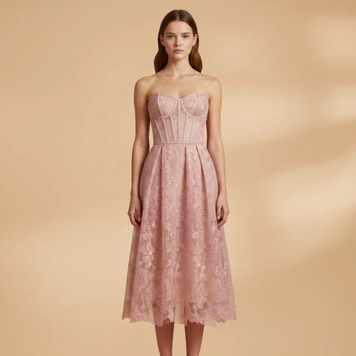 Rosa | Vestido Midi de Renda Mulher Corpete