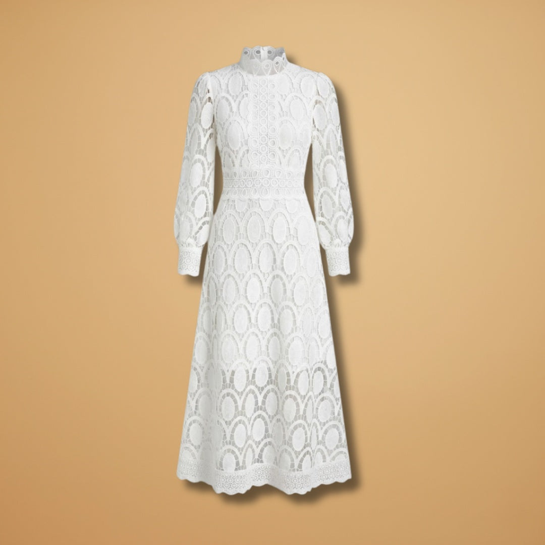 Fátima | Vestido Midi de Renda Mulher Manga Comprida Decote Alto
