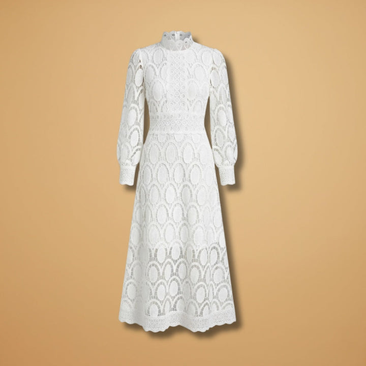 Fátima | Vestido Midi de Renda Mulher Manga Comprida Decote Alto