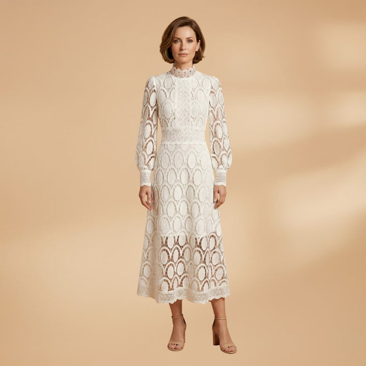 Fátima | Vestido Midi de Renda Mulher Manga Comprida Decote Alto