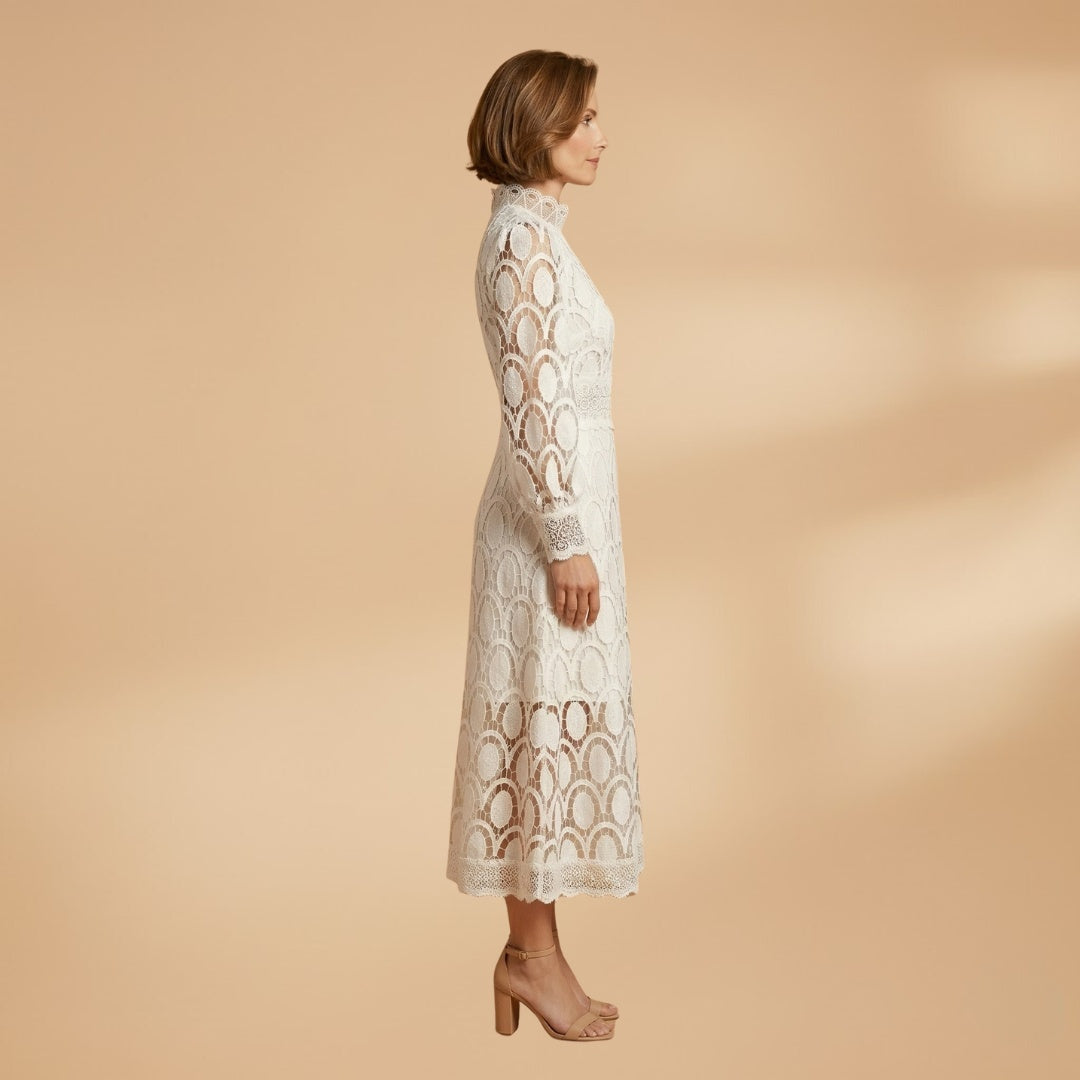 Fátima | Vestido Midi de Renda Mulher Manga Comprida Decote Alto