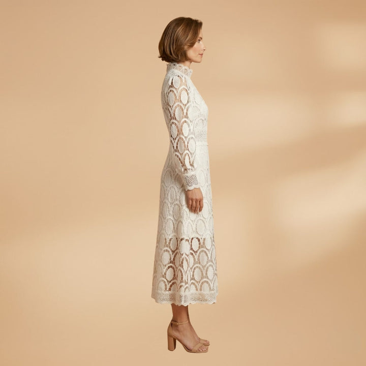 Fátima | Vestido Midi de Renda Mulher Manga Comprida Decote Alto