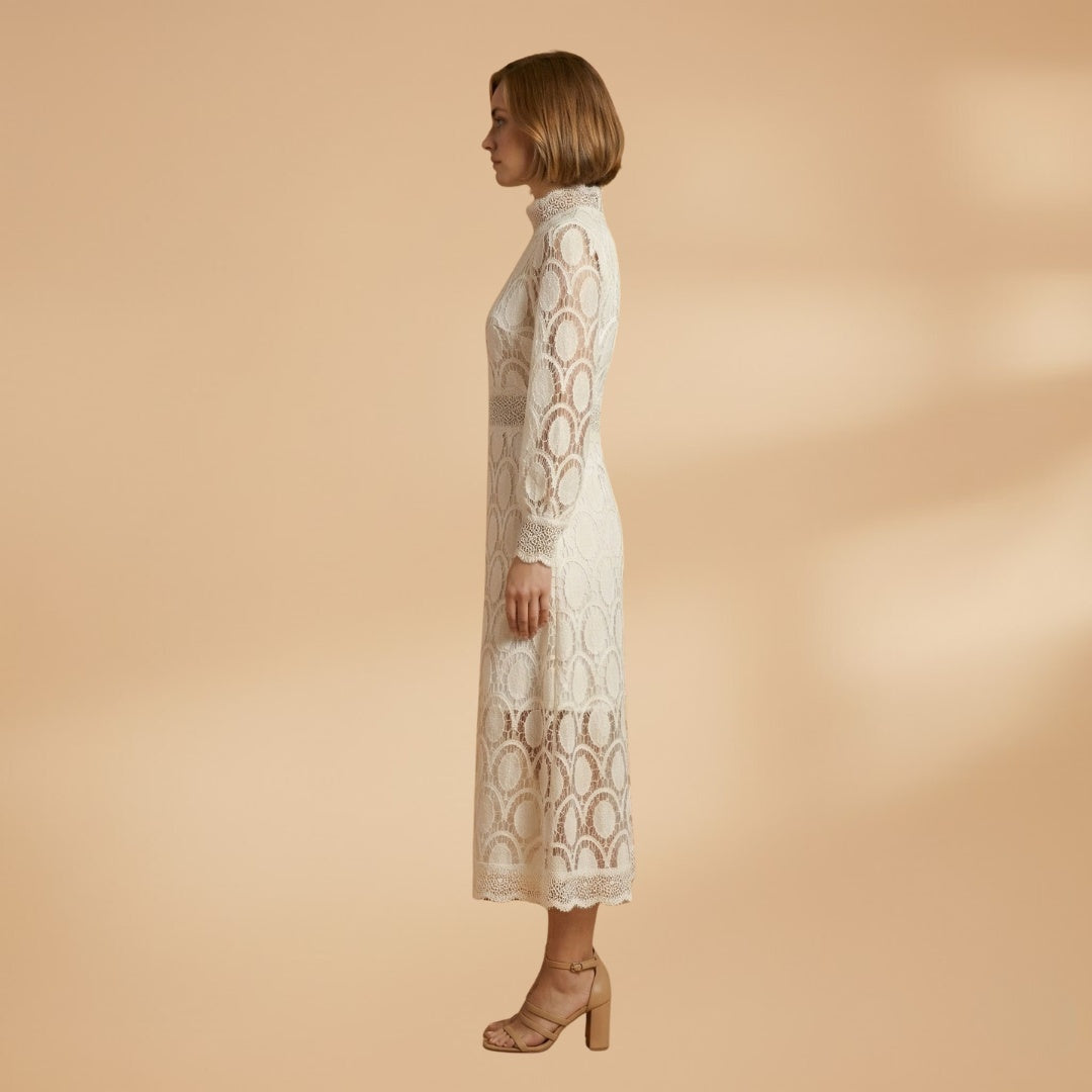 Fátima | Vestido Midi de Renda Mulher Manga Comprida Decote Alto
