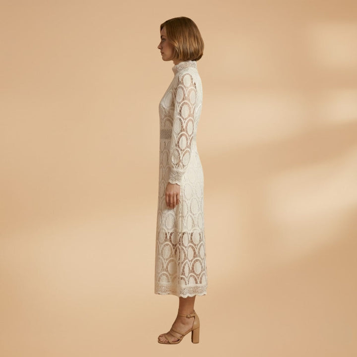 Fátima | Vestido Midi de Renda Mulher Manga Comprida Decote Alto