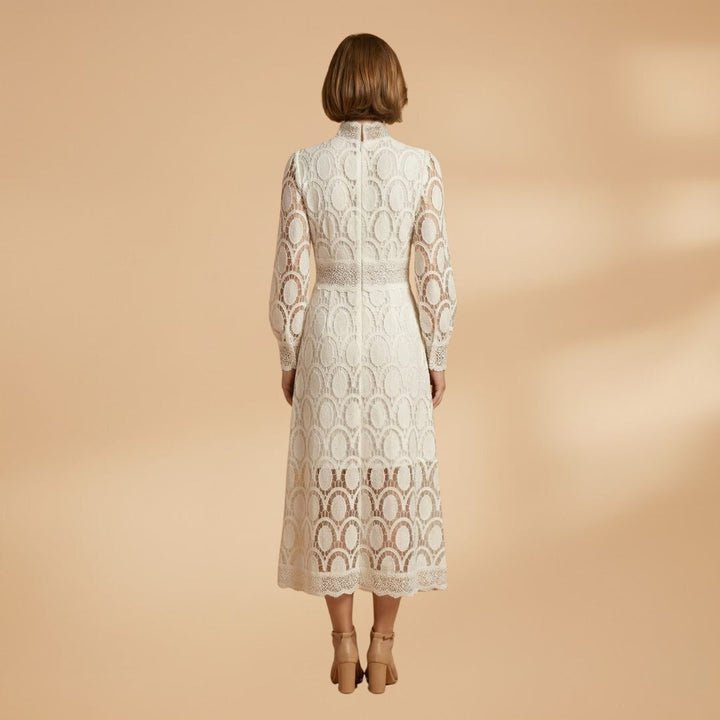 Fátima | Vestido Midi de Renda Mulher Manga Comprida Decote Alto