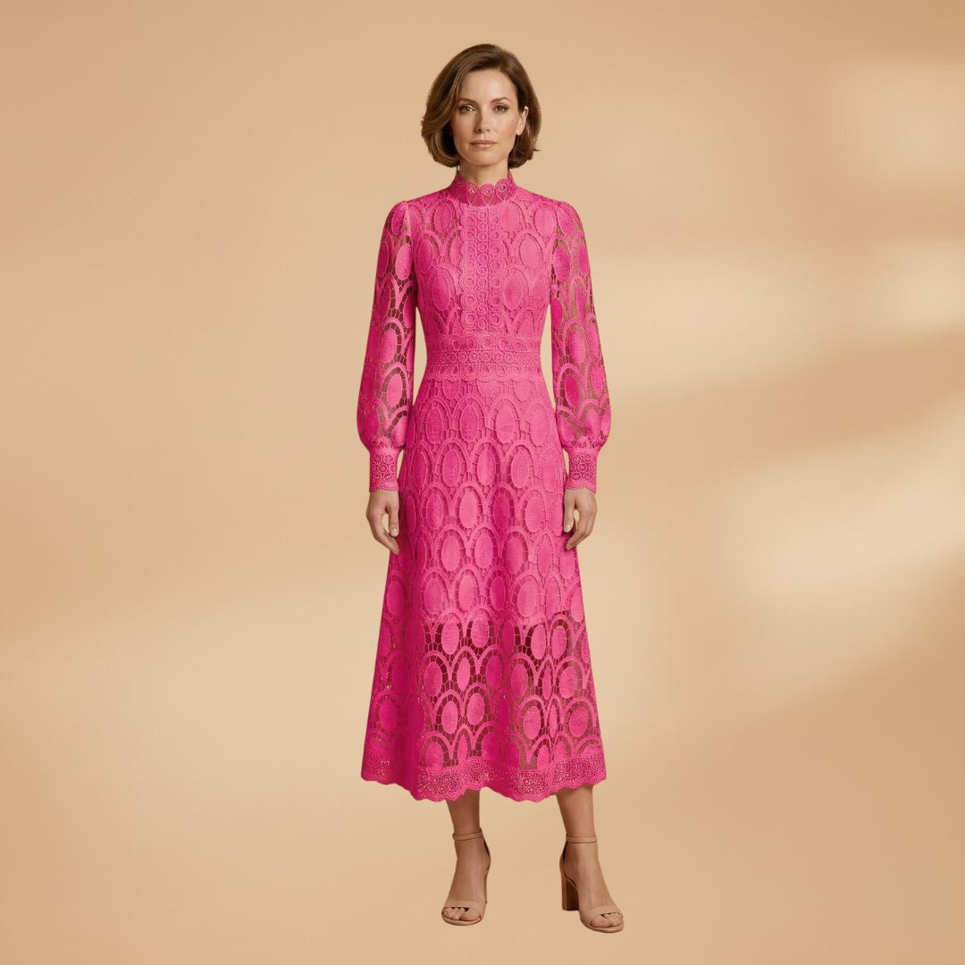 Fátima | Vestido Midi de Renda Mulher Manga Comprida Decote Alto