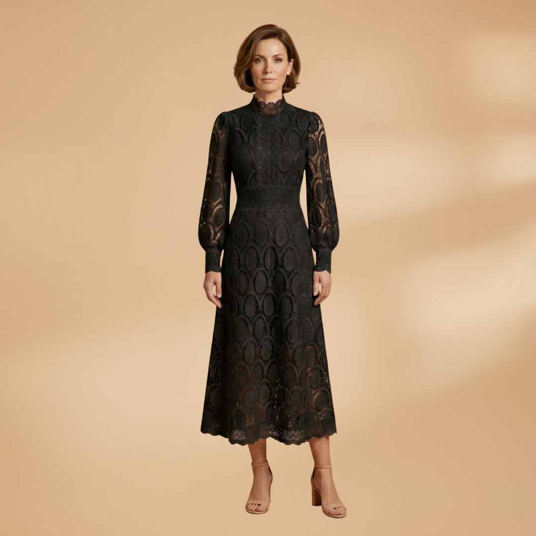Fátima | Vestido Midi de Renda Mulher Manga Comprida Decote Alto