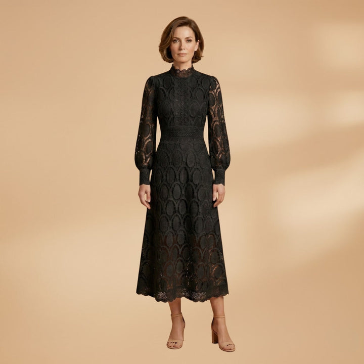 Fátima | Vestido Midi de Renda Mulher Manga Comprida Decote Alto