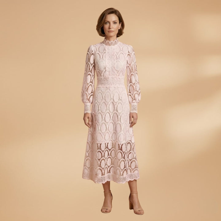Fátima | Vestido Midi de Renda Mulher Manga Comprida Decote Alto
