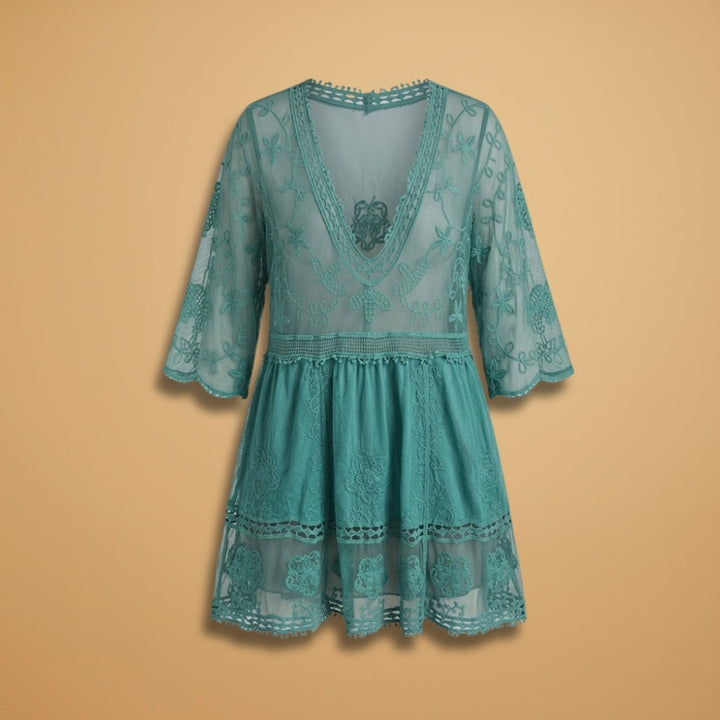 Isabel | Vestido Midi de Renda Mulher Manga Três Quartos