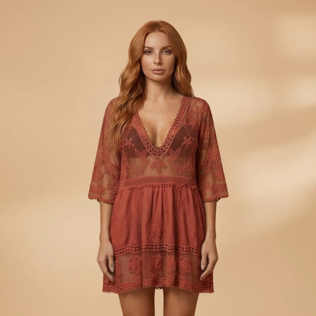 Isabel | Vestido Midi de Renda Mulher Manga Três Quartos