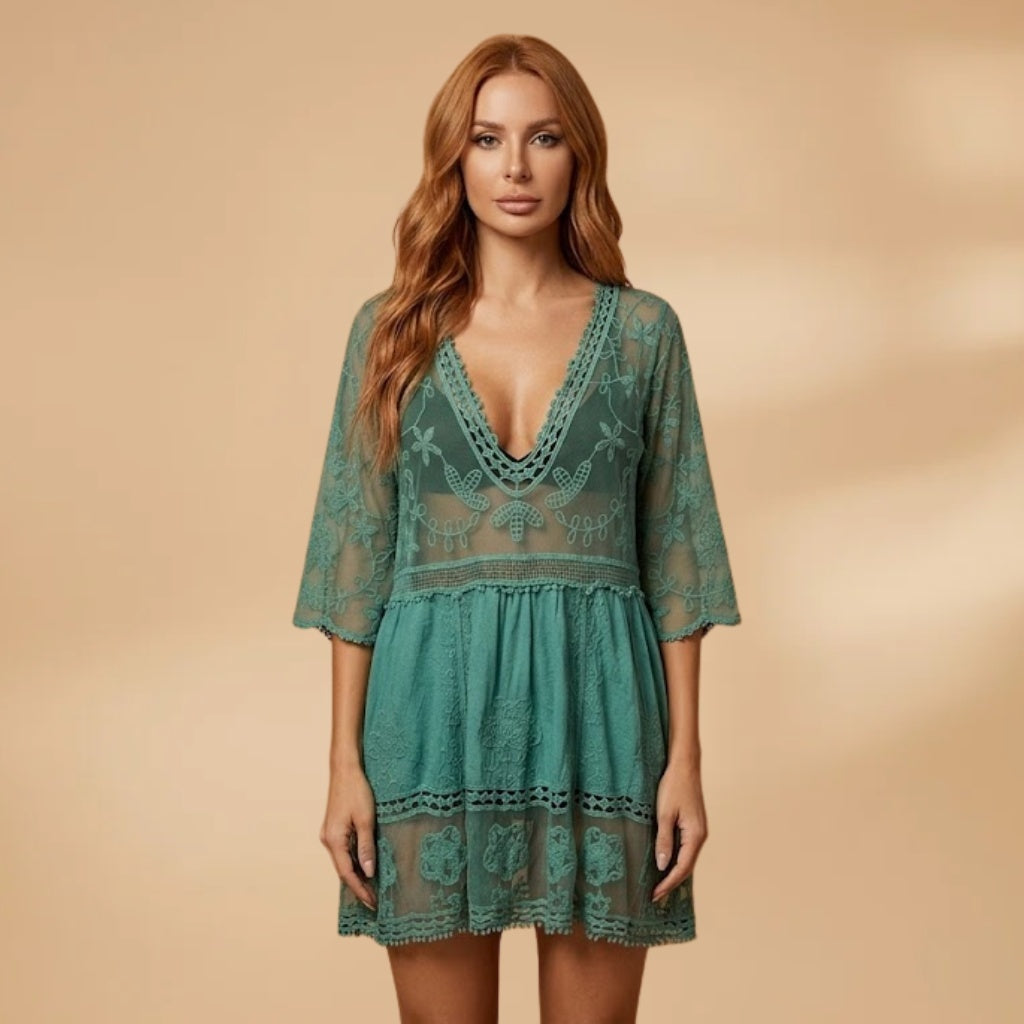 Isabel | Vestido Midi de Renda Mulher Manga Três Quartos