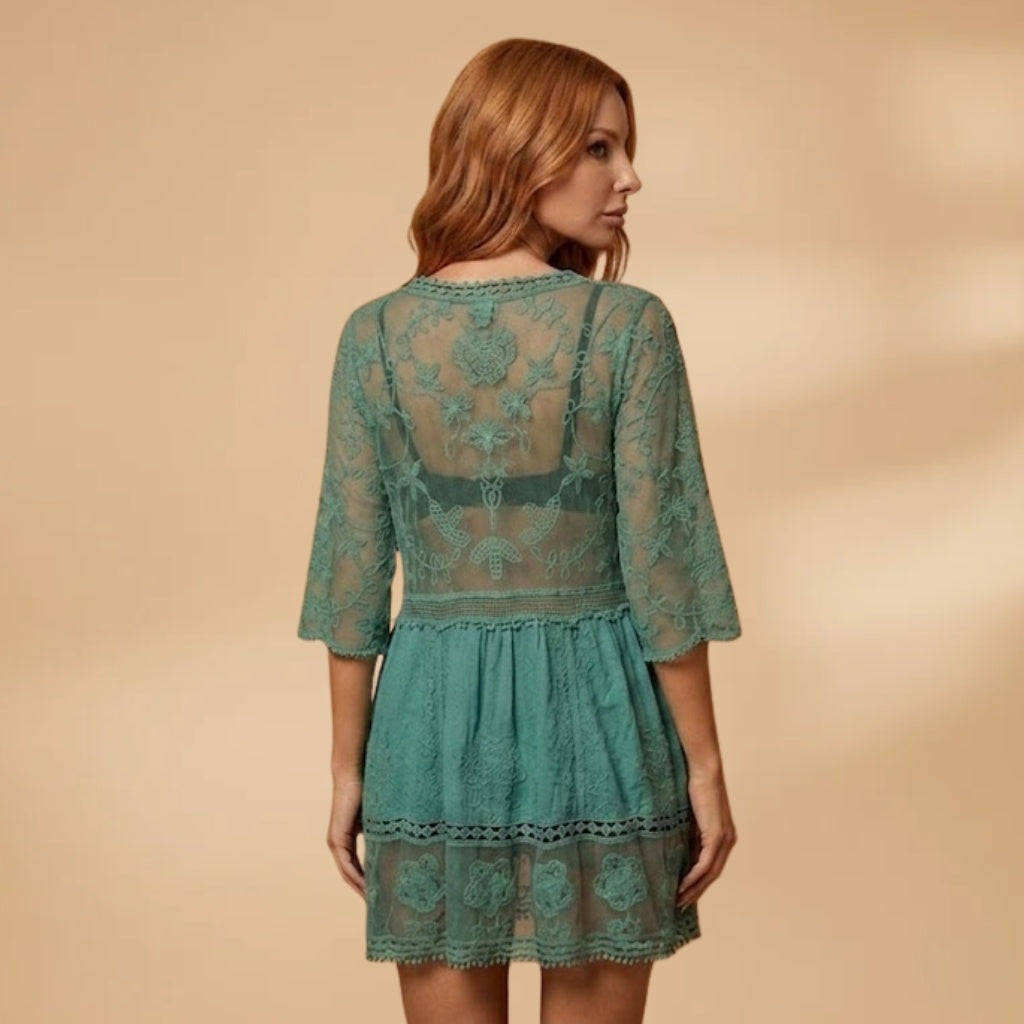 Isabel | Vestido Midi de Renda Mulher Manga Três Quartos