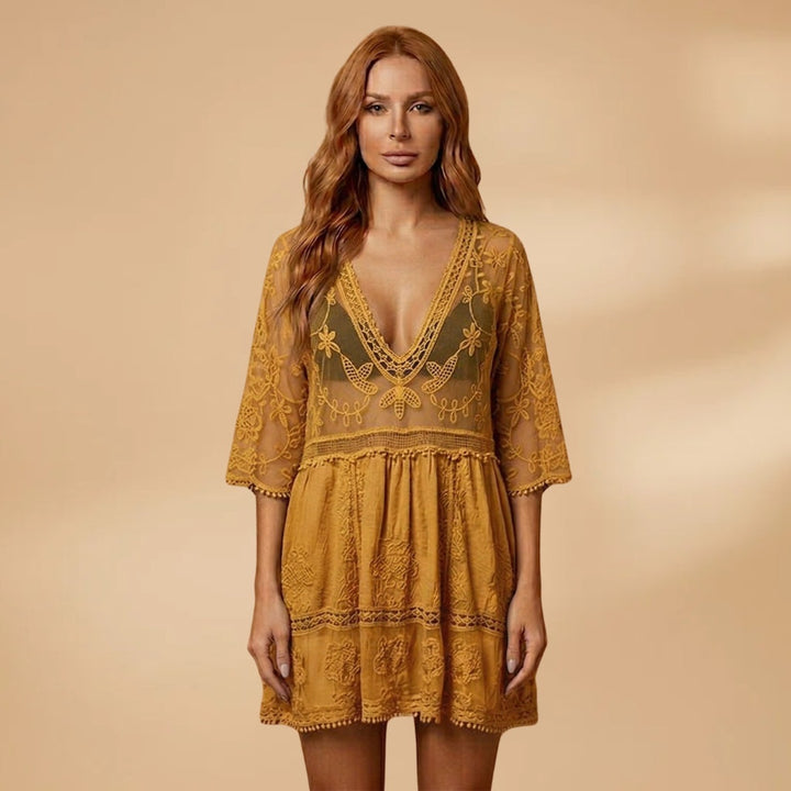 Isabel | Vestido Midi de Renda Mulher Manga Três Quartos