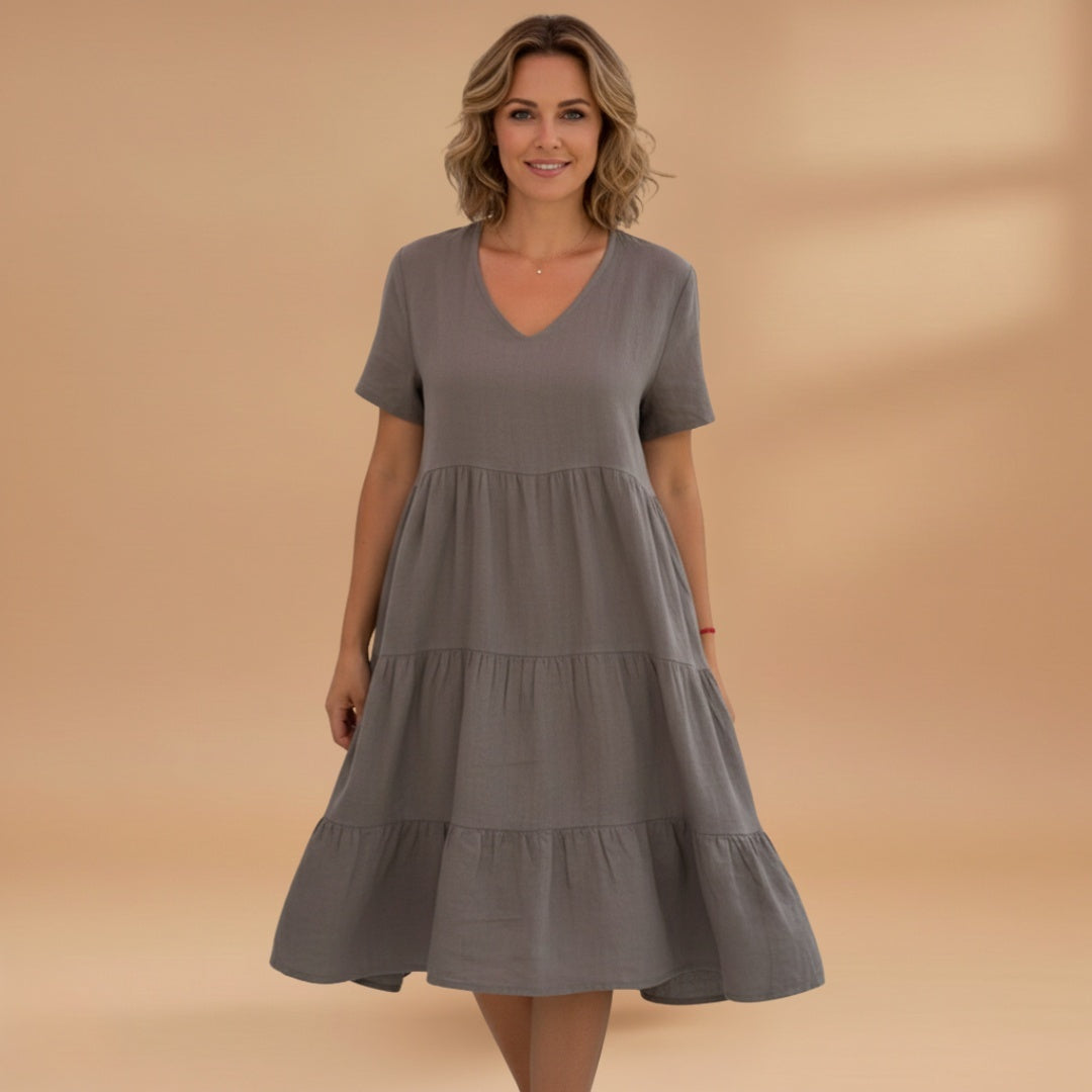 Bruna | Vestido Midi de Verão Decote V Mulher Manga Curta