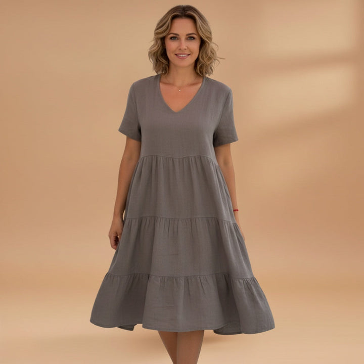 Bruna | Vestido Midi de Verão Decote V Mulher Manga Curta