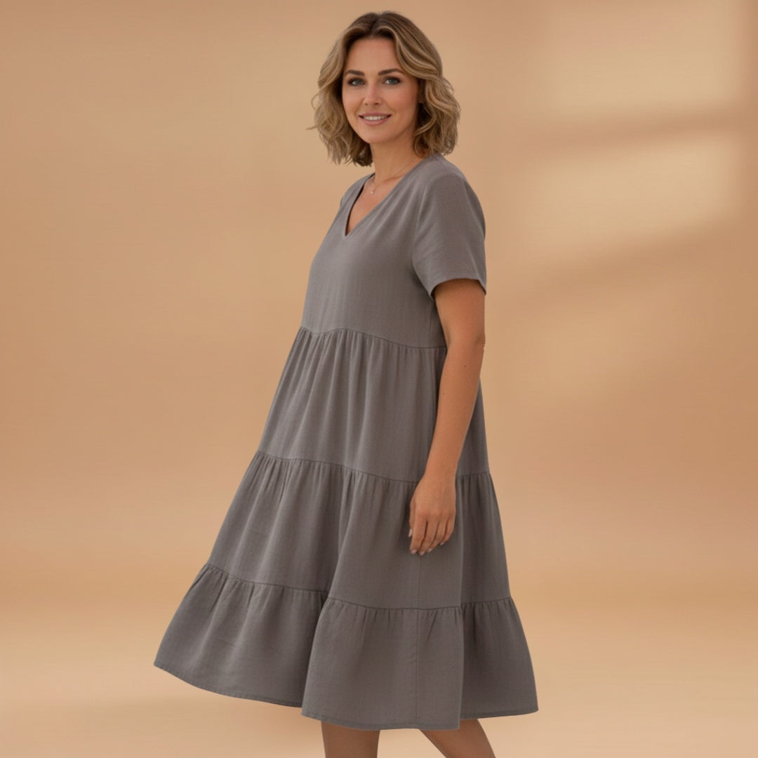 Bruna | Vestido Midi de Verão Decote V Mulher Manga Curta