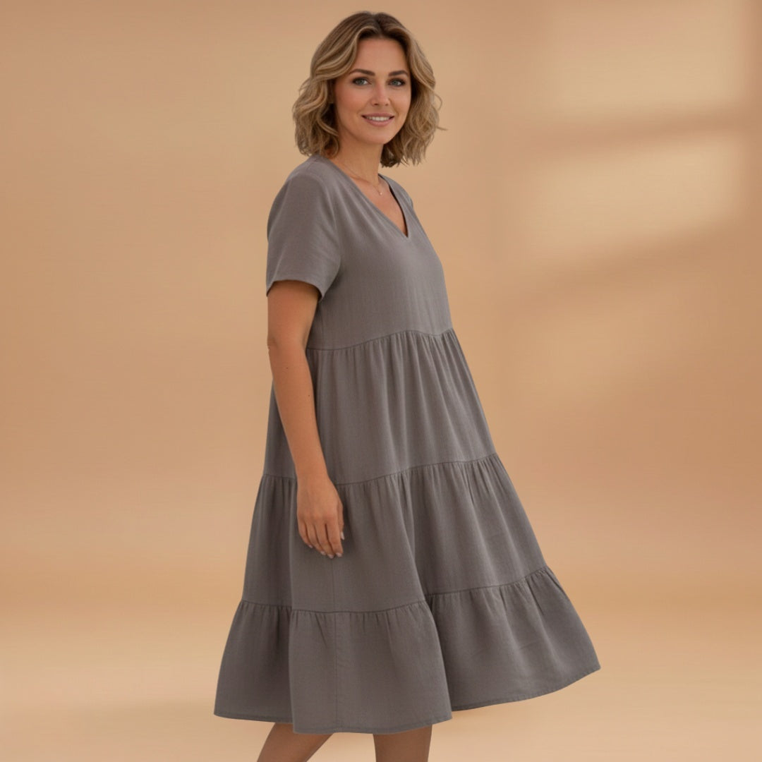 Bruna | Vestido Midi de Verão Decote V Mulher Manga Curta