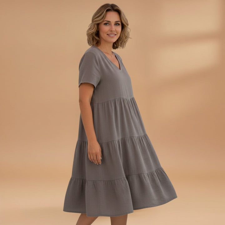 Bruna | Vestido Midi de Verão Decote V Mulher Manga Curta