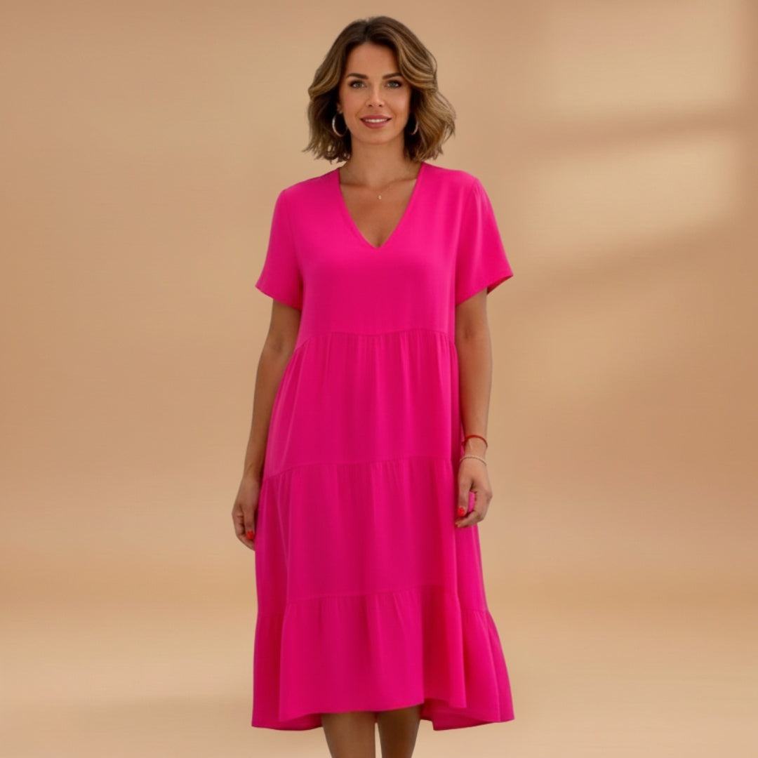 Bruna | Vestido Midi de Verão Decote V Mulher Manga Curta